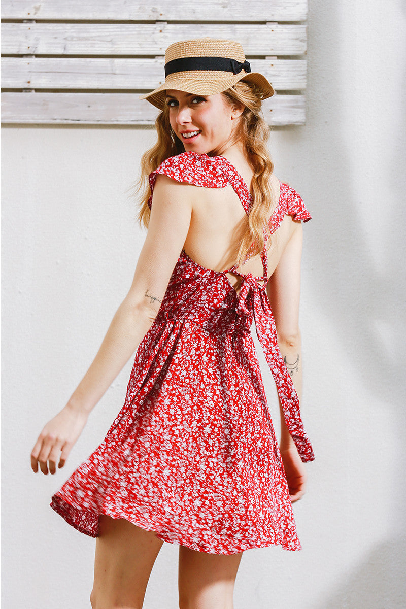 Backless Floral Print Summer dress Vintage red boho beach dress high w ...