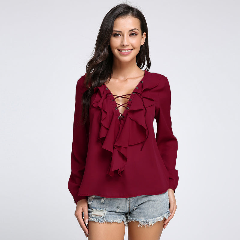 Ruffled Lace Up Summer Blouse – Slim Wallet Company
